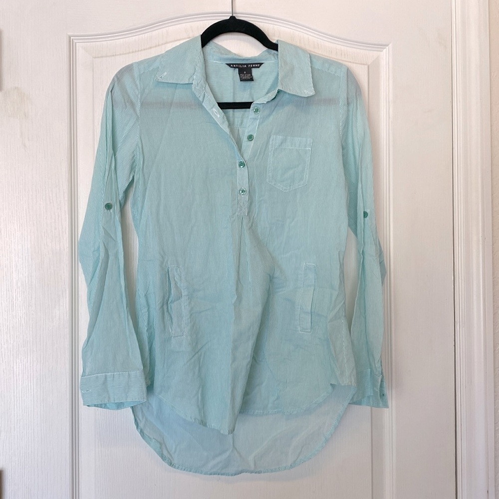 Mint Green Pinstripe 100% Cotton 3/4 Roll Sleeve Pocket Tunic Career Blouse